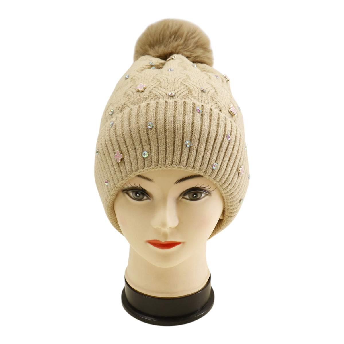 Pom Pom Knitted Beanie With Rhinestone H20-60 (12PC)