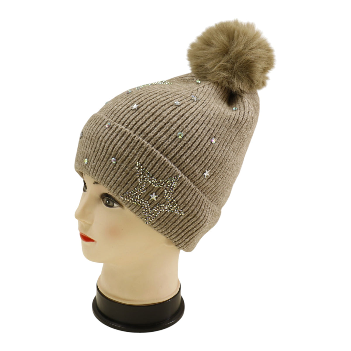 Pom Pom Knitted Beanie With Rhinestone H20-59 (12PC)