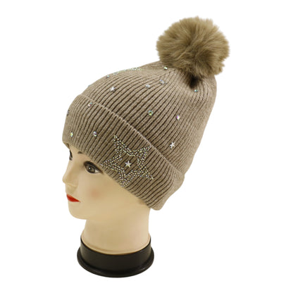 Pom Pom Knitted Beanie With Rhinestone H20-59 (12PC)