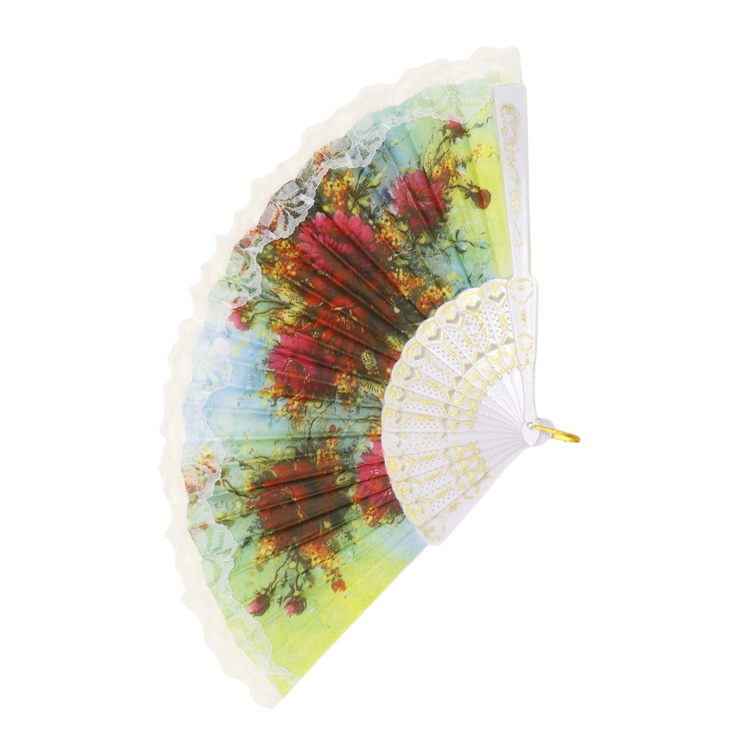 Floral Garden White Lace Trim Hand Held Folding Fan JF6323-13 (12PC)