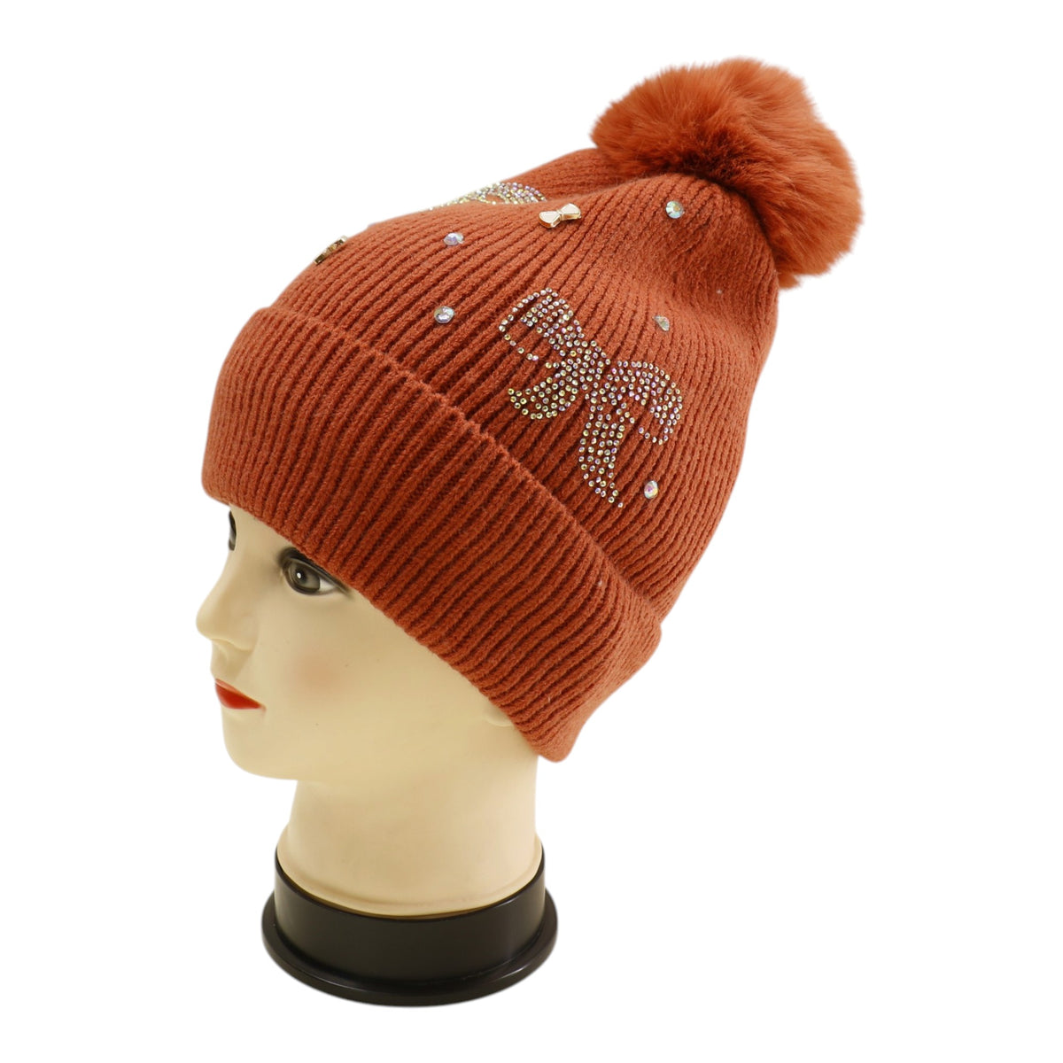 Pom Pom Knitted Beanie With Rhinestone H20-57 (12PC)