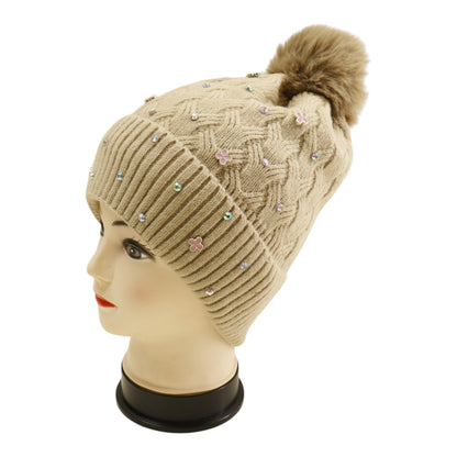 Pom Pom Knitted Beanie With Rhinestone H20-60 (12PC)