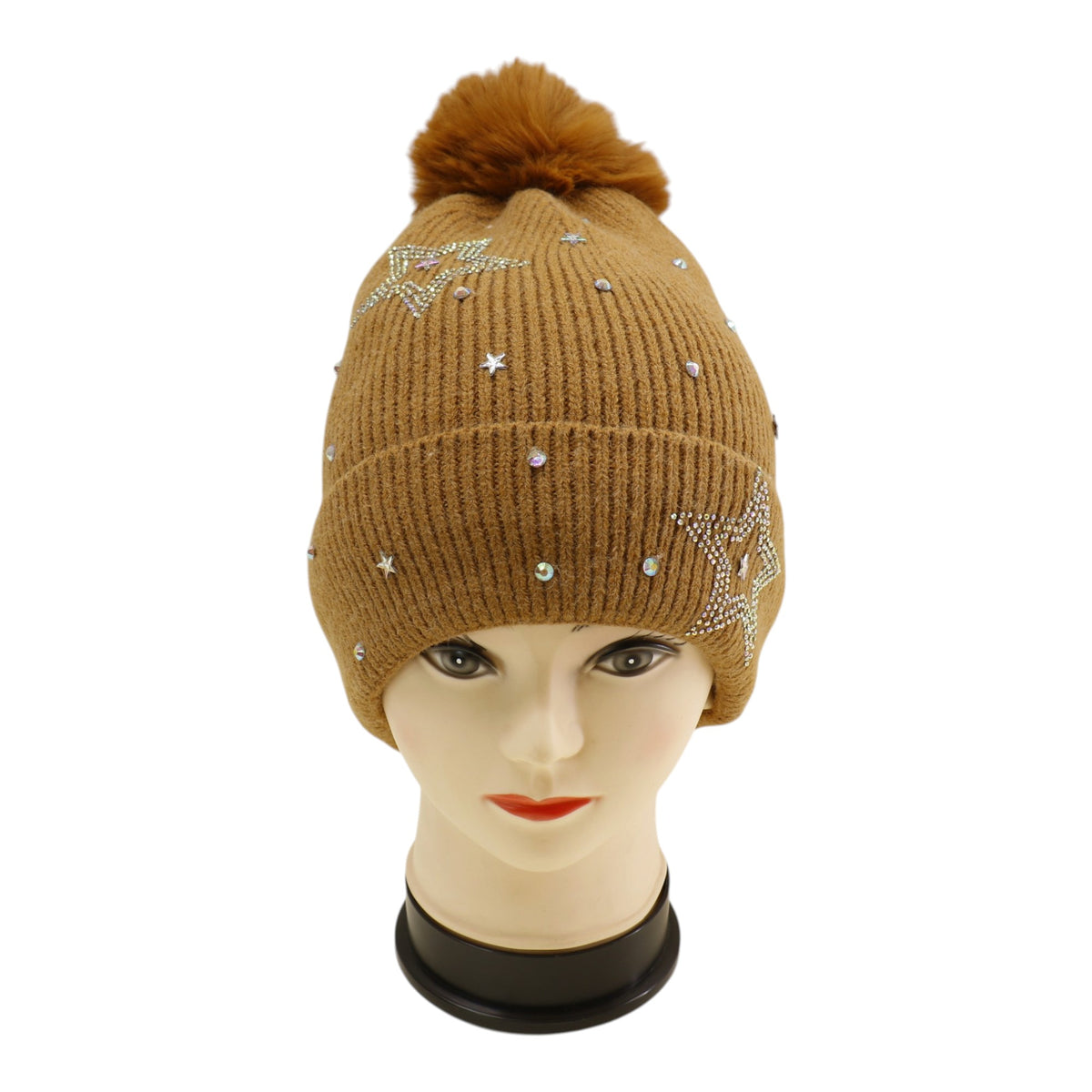 Pom Pom Knitted Beanie With Rhinestone H20-59 (12PC)