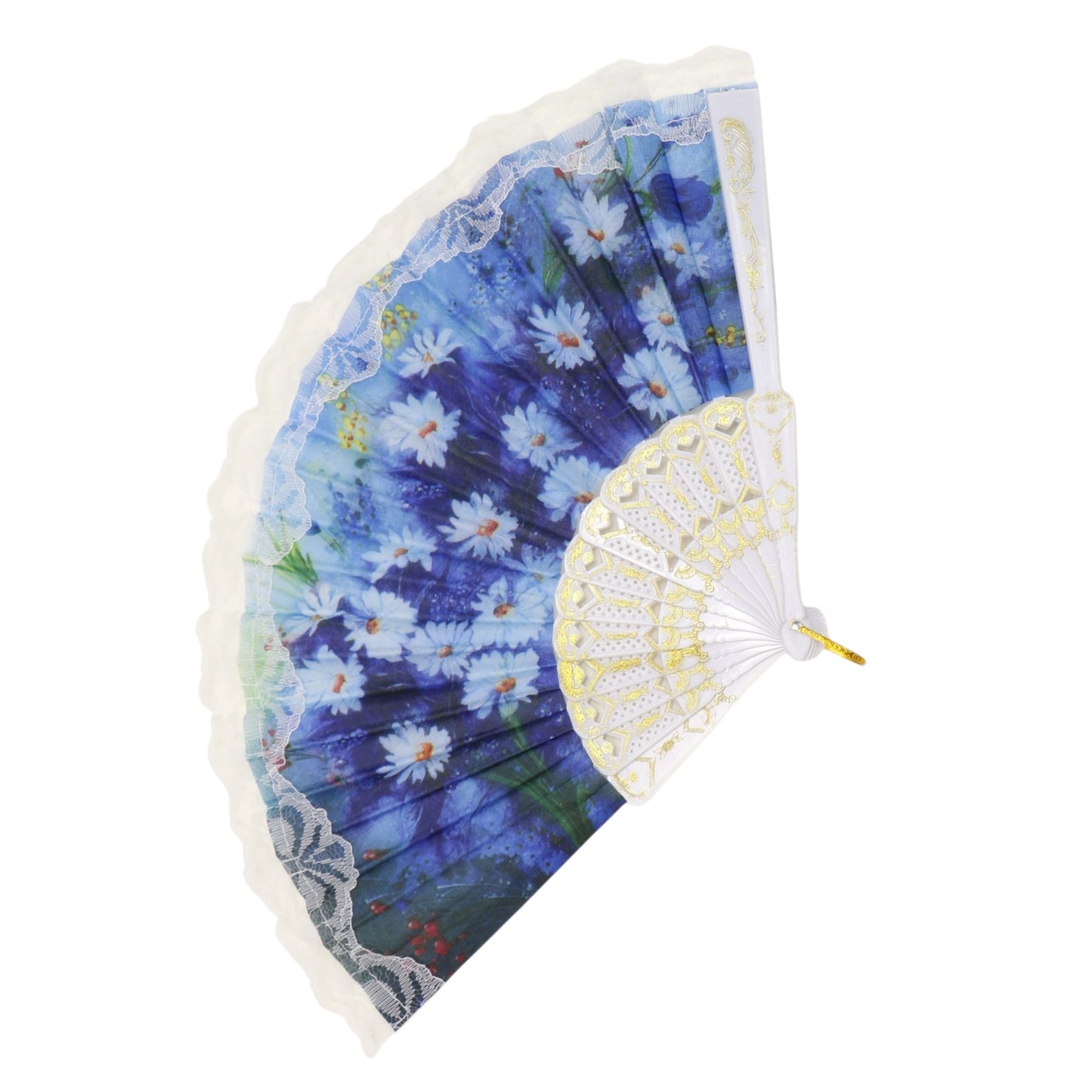 Floral Garden White Lace Trim Hand Held Folding Fan JF6323-13 (12PC)