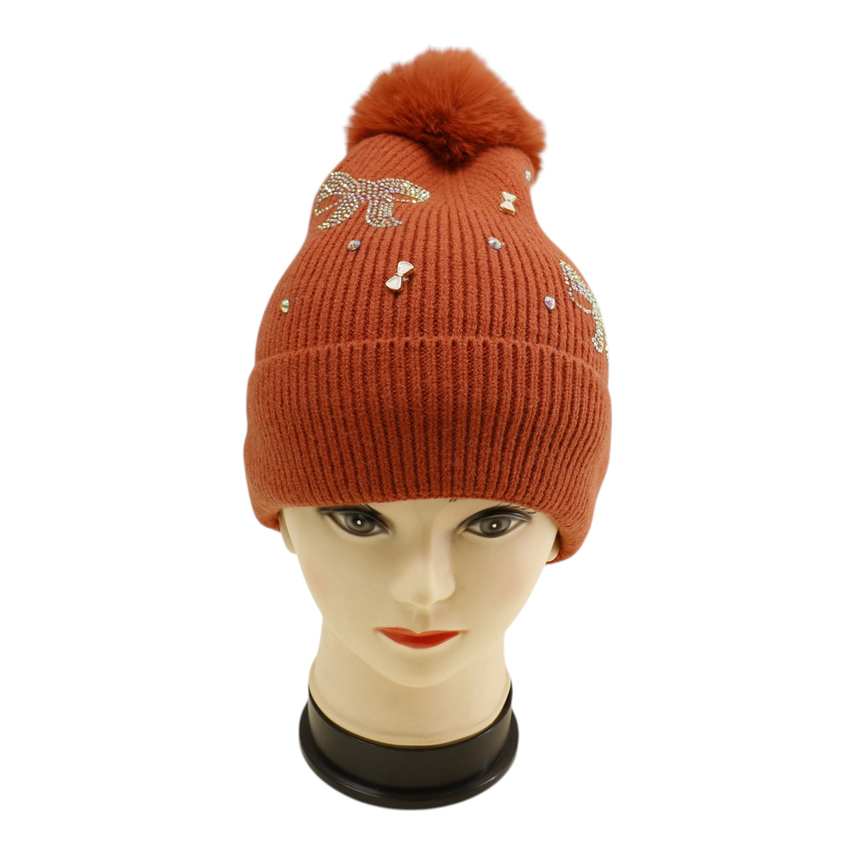 Pom Pom Knitted Beanie With Rhinestone H20-57 (12PC)