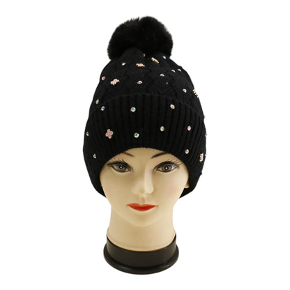 Pom Pom Knitted Beanie With Rhinestone H20-60 (12PC)