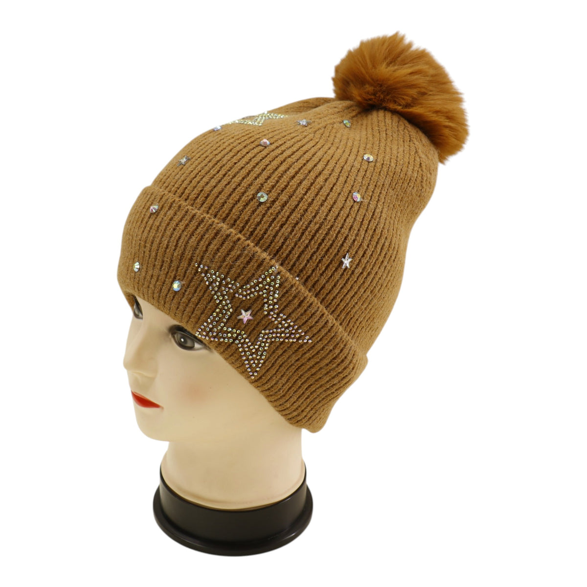 Pom Pom Knitted Beanie With Rhinestone H20-59 (12PC)