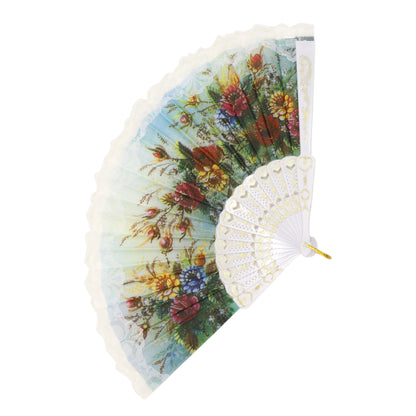 Floral Garden White Lace Trim Hand Held Folding Fan JF6323-13 (12PC)