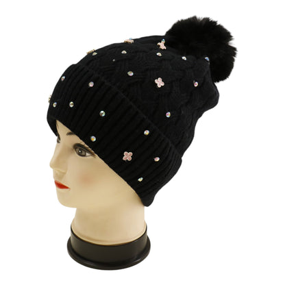 Pom Pom Knitted Beanie With Rhinestone H20-60 (12PC)