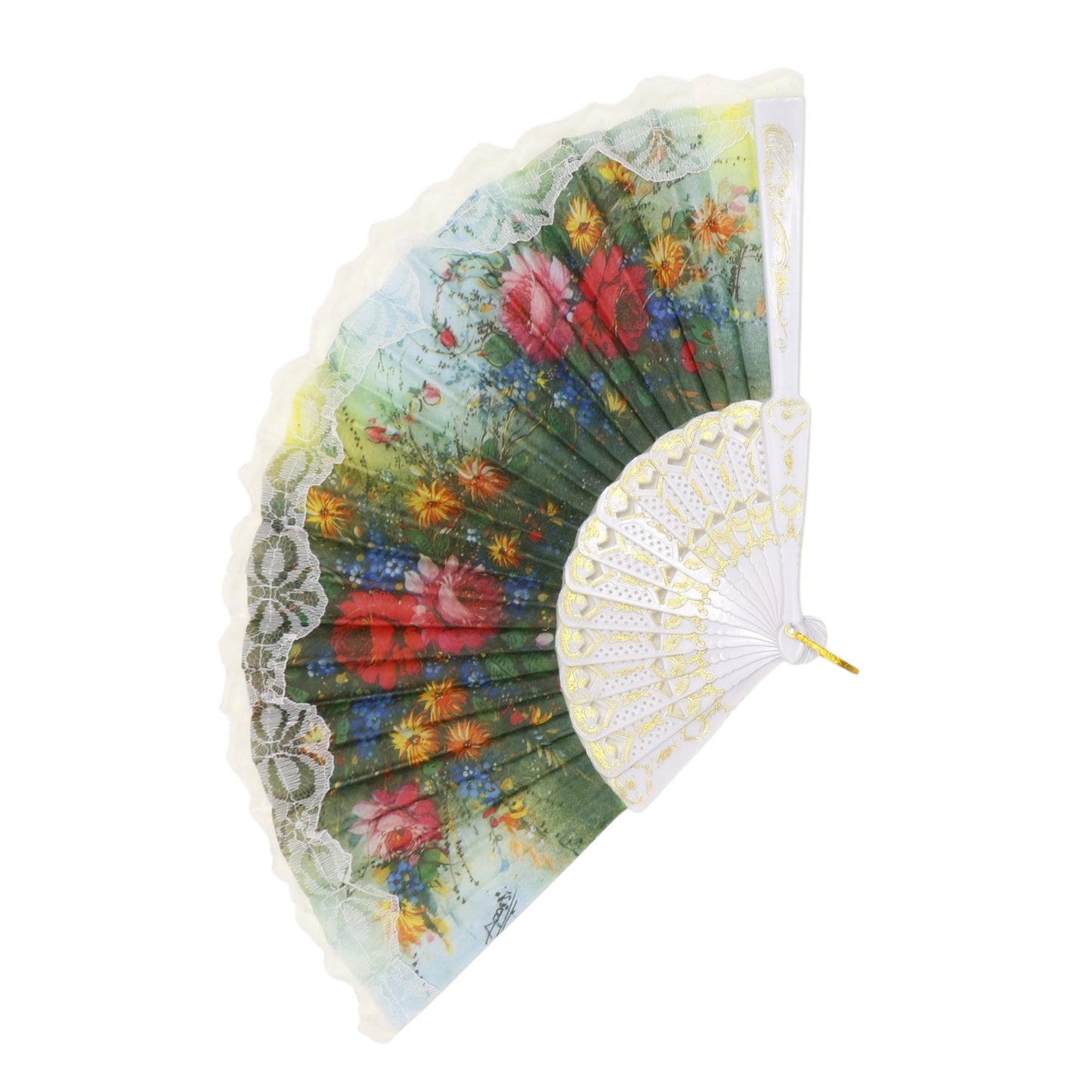 Floral Garden White Lace Trim Hand Held Folding Fan JF6323-13 (12PC)