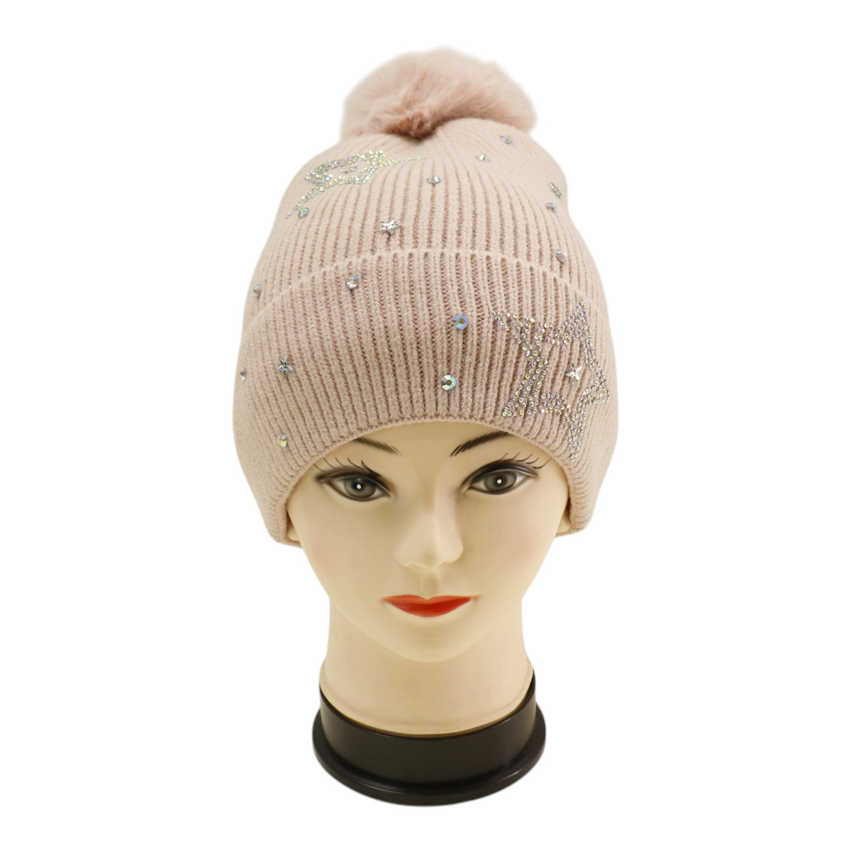 Pom Pom Knitted Beanie With Rhinestone H20-59 (12PC)