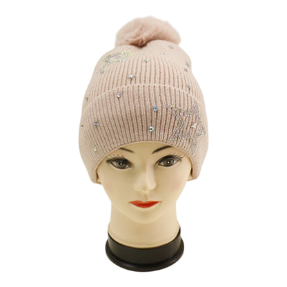Pom Pom Knitted Beanie With Rhinestone H20-59 (12PC)