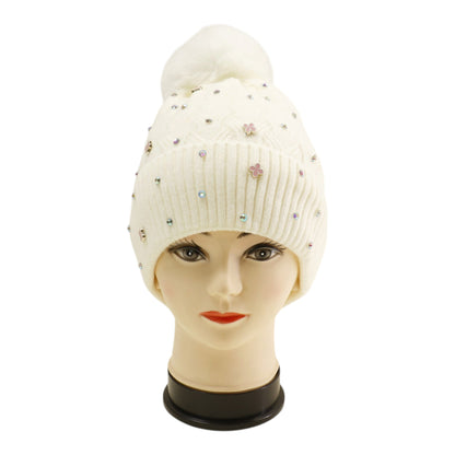 Pom Pom Knitted Beanie With Rhinestone H20-60 (12PC)