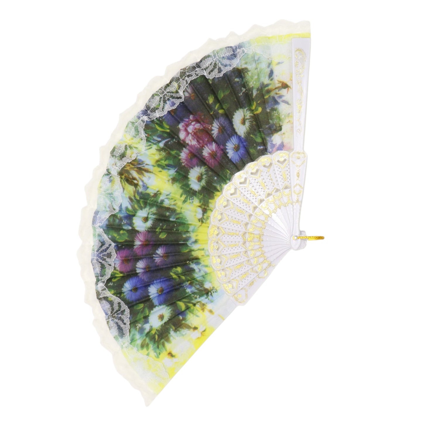 Floral Garden White Lace Trim Hand Held Folding Fan JF6323-13 (12PC)