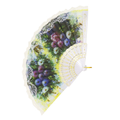 Floral Garden White Lace Trim Hand Held Folding Fan JF6323-13 (12PC)