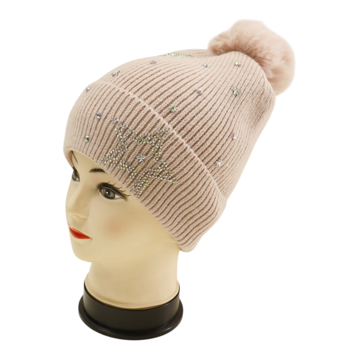 Pom Pom Knitted Beanie With Rhinestone H20-59 (12PC)