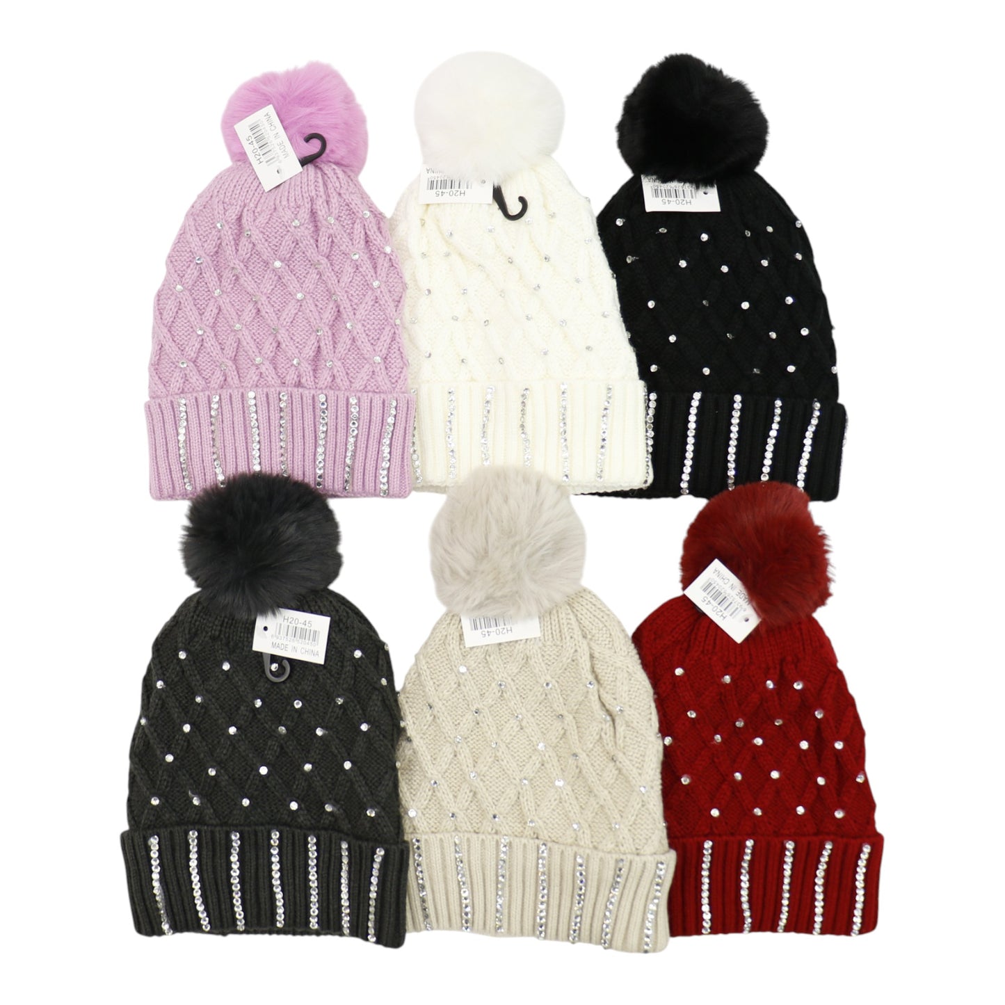 Pom Pom Rhinestone Decor Beanie H20-45. (12PC)
