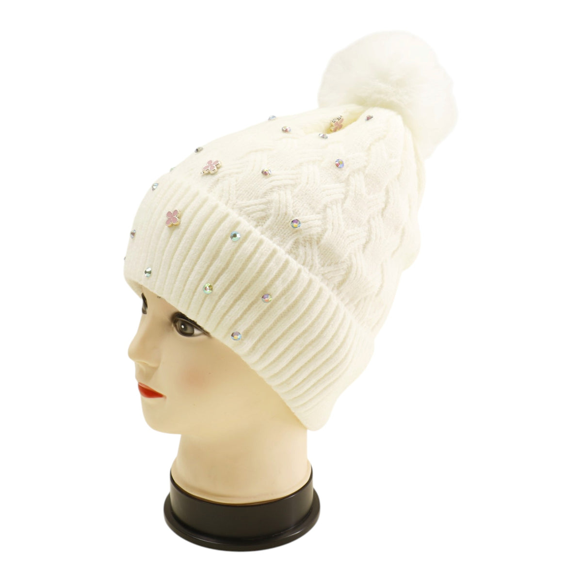 Pom Pom Knitted Beanie With Rhinestone H20-60 (12PC)