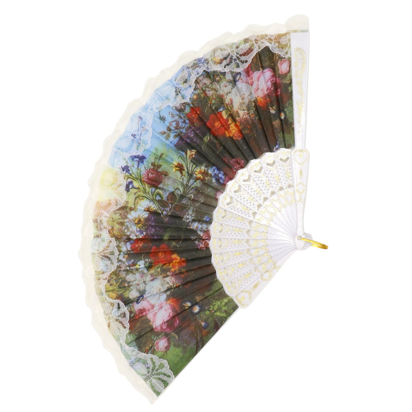 Floral Garden White Lace Trim Hand Held Folding Fan JF6323-13 (12PC)