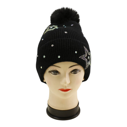 Pom Pom Knitted Beanie With Rhinestone H20-59 (12PC)