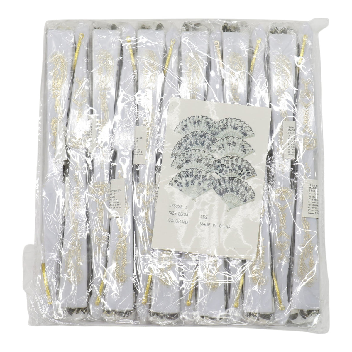 Black Floral Gold Glitter White Frame Hand Held Folding Fan JF6323-3. (12PC)