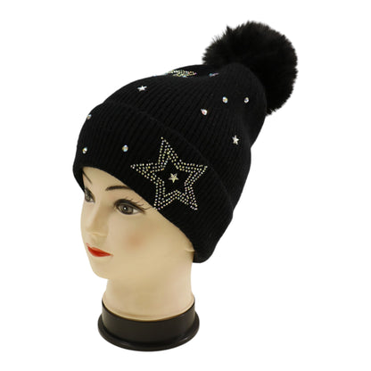 Pom Pom Knitted Beanie With Rhinestone H20-59 (12PC)