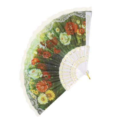 Floral Garden White Lace Trim Hand Held Folding Fan JF6323-13 (12PC)