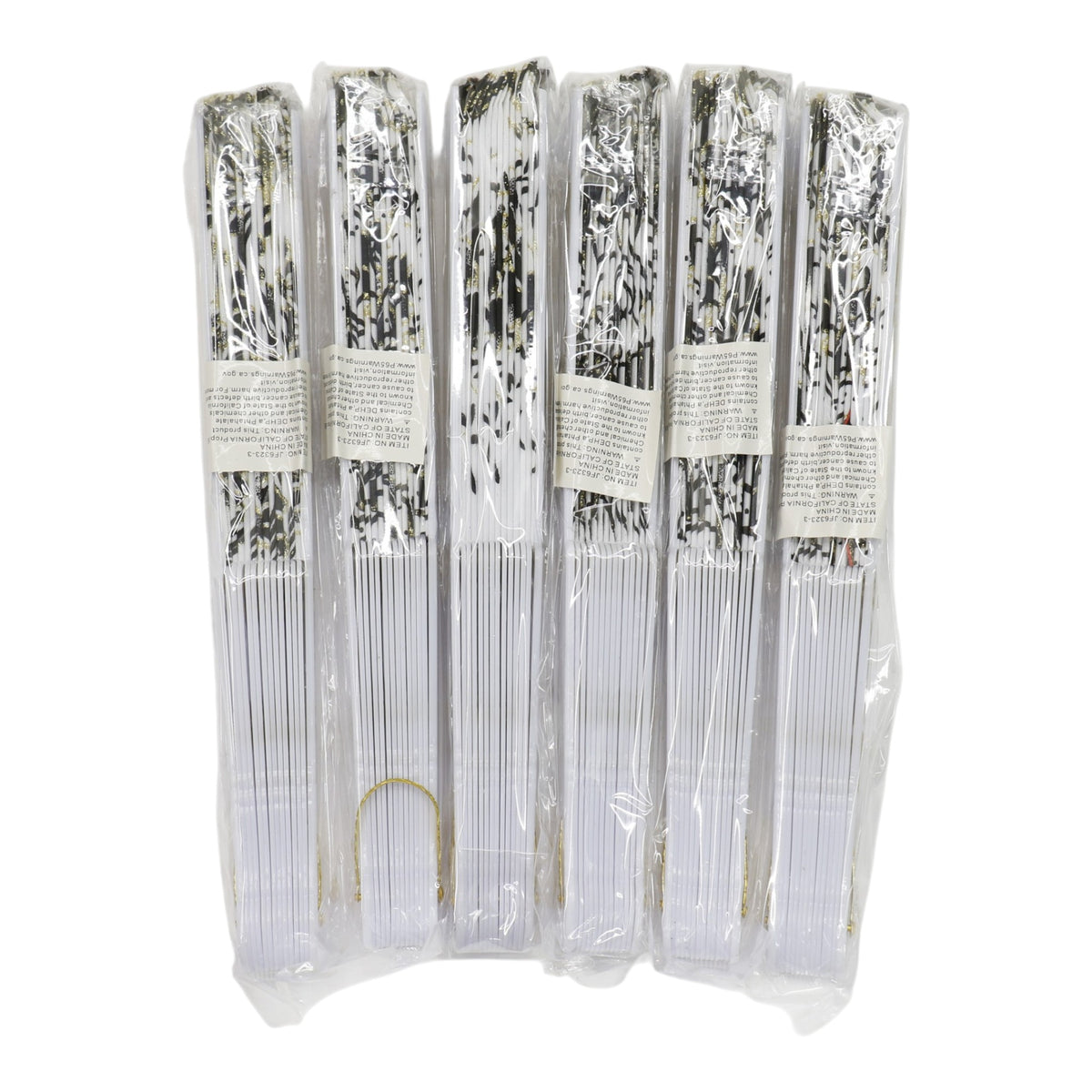 Black Floral Gold Glitter White Frame Hand Held Folding Fan JF6323-3. (12PC)