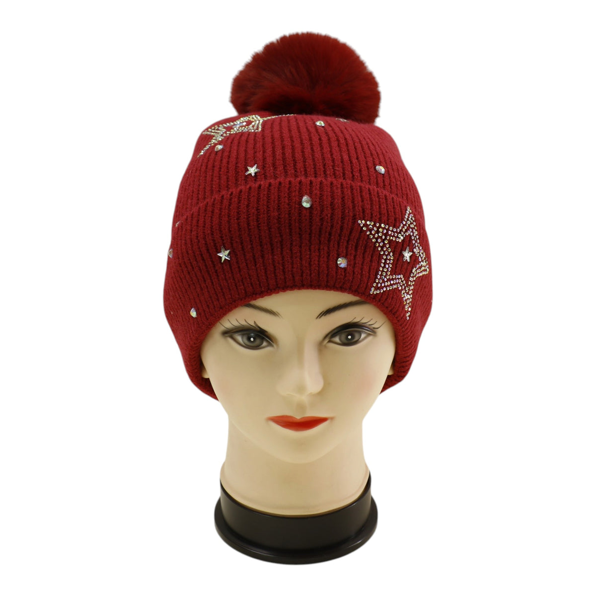Pom Pom Knitted Beanie With Rhinestone H20-59 (12PC)