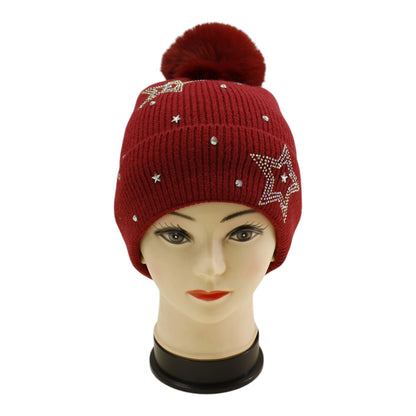 Pom Pom Knitted Beanie With Rhinestone H20-59 (12PC)