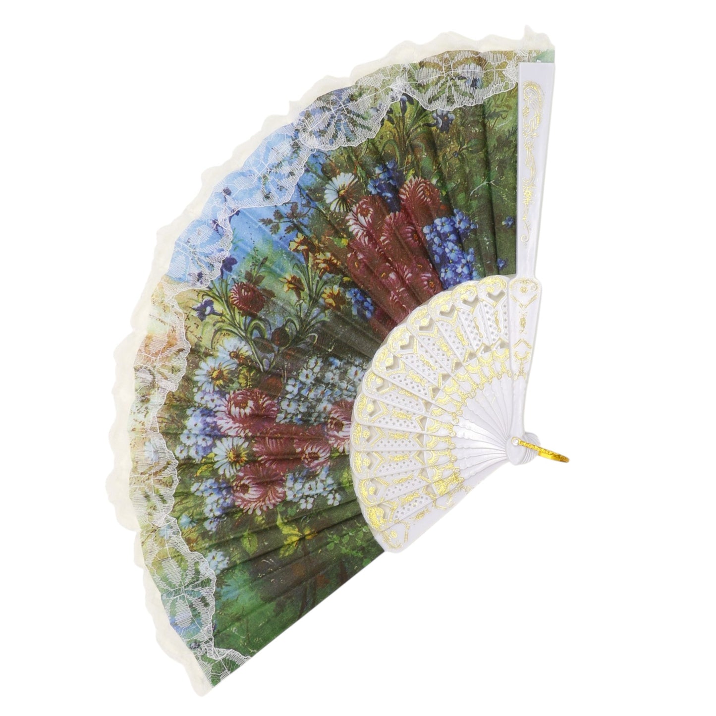Floral Garden White Lace Trim Hand Held Folding Fan JF6323-13 (12PC)