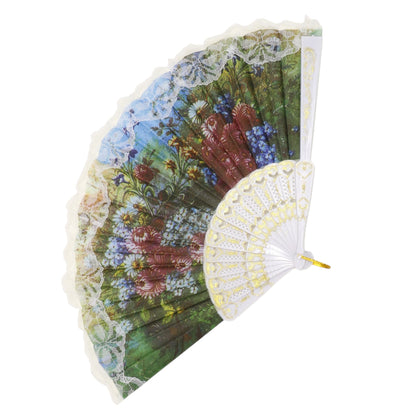 Floral Garden White Lace Trim Hand Held Folding Fan JF6323-13 (12PC)