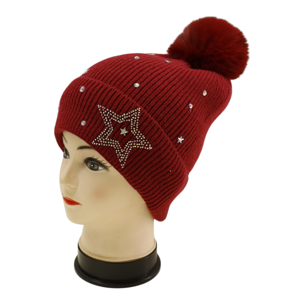 Pom Pom Knitted Beanie With Rhinestone H20-59 (12PC)