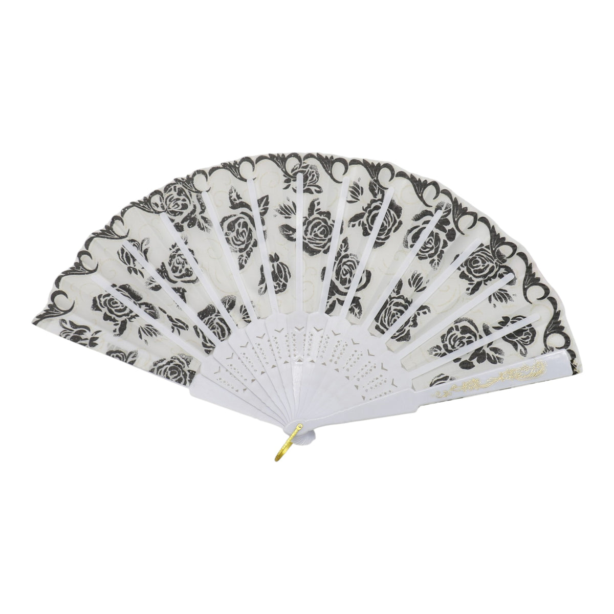 Black Floral Gold Glitter White Frame Hand Held Folding Fan JF6323-3. (12PC)