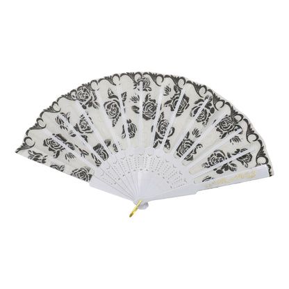 Black Floral Gold Glitter White Frame Hand Held Folding Fan JF6323-3. (12PC)