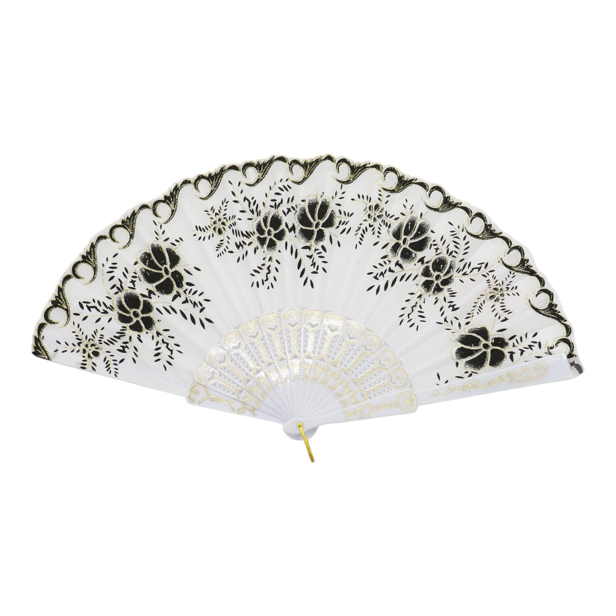 Black Floral Gold Glitter White Frame Hand Held Folding Fan JF6323-3. (12PC)