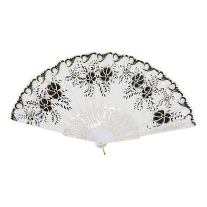 Black Floral Gold Glitter White Frame Hand Held Folding Fan JF6323-3. (12PC)