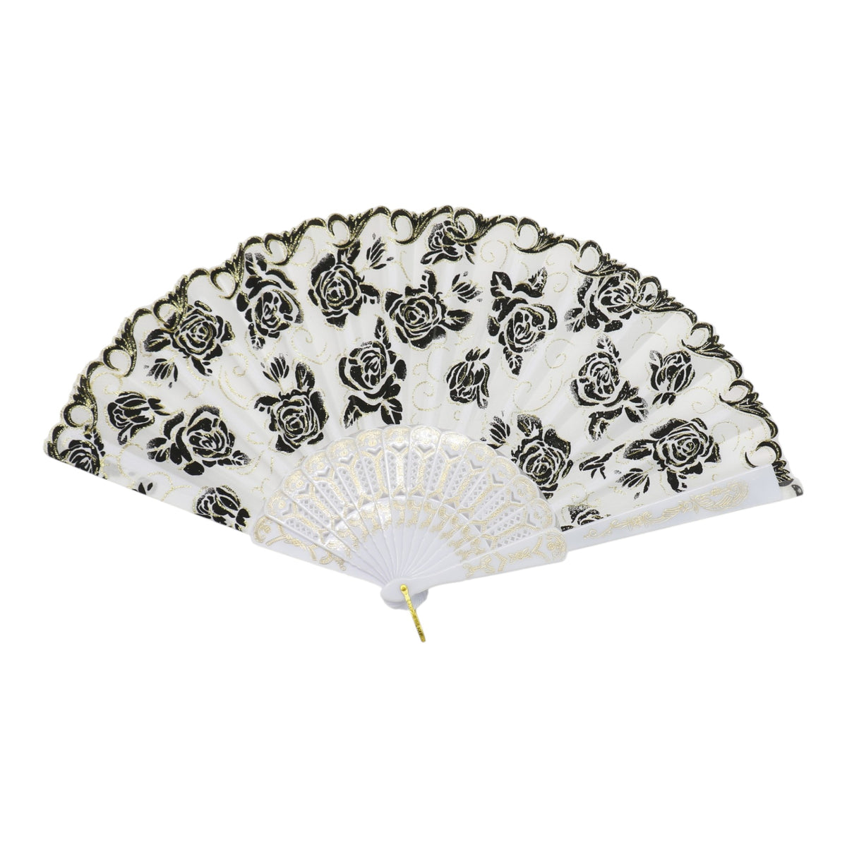 Black Floral Gold Glitter White Frame Hand Held Folding Fan JF6323-3. (12PC)