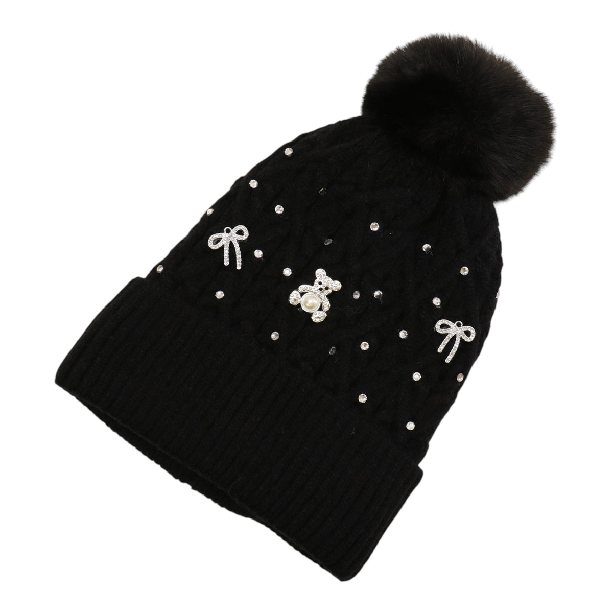 Pom Pom Knitted Beanie With Rhinestone H20-62 (12PC)