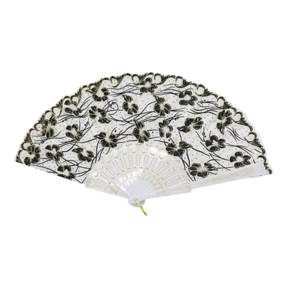 Black Floral Gold Glitter White Frame Hand Held Folding Fan JF6323-3. (12PC)