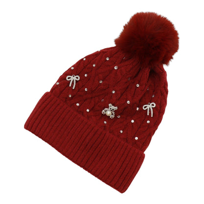 Pom Pom Knitted Beanie With Rhinestone H20-62 (12PC)