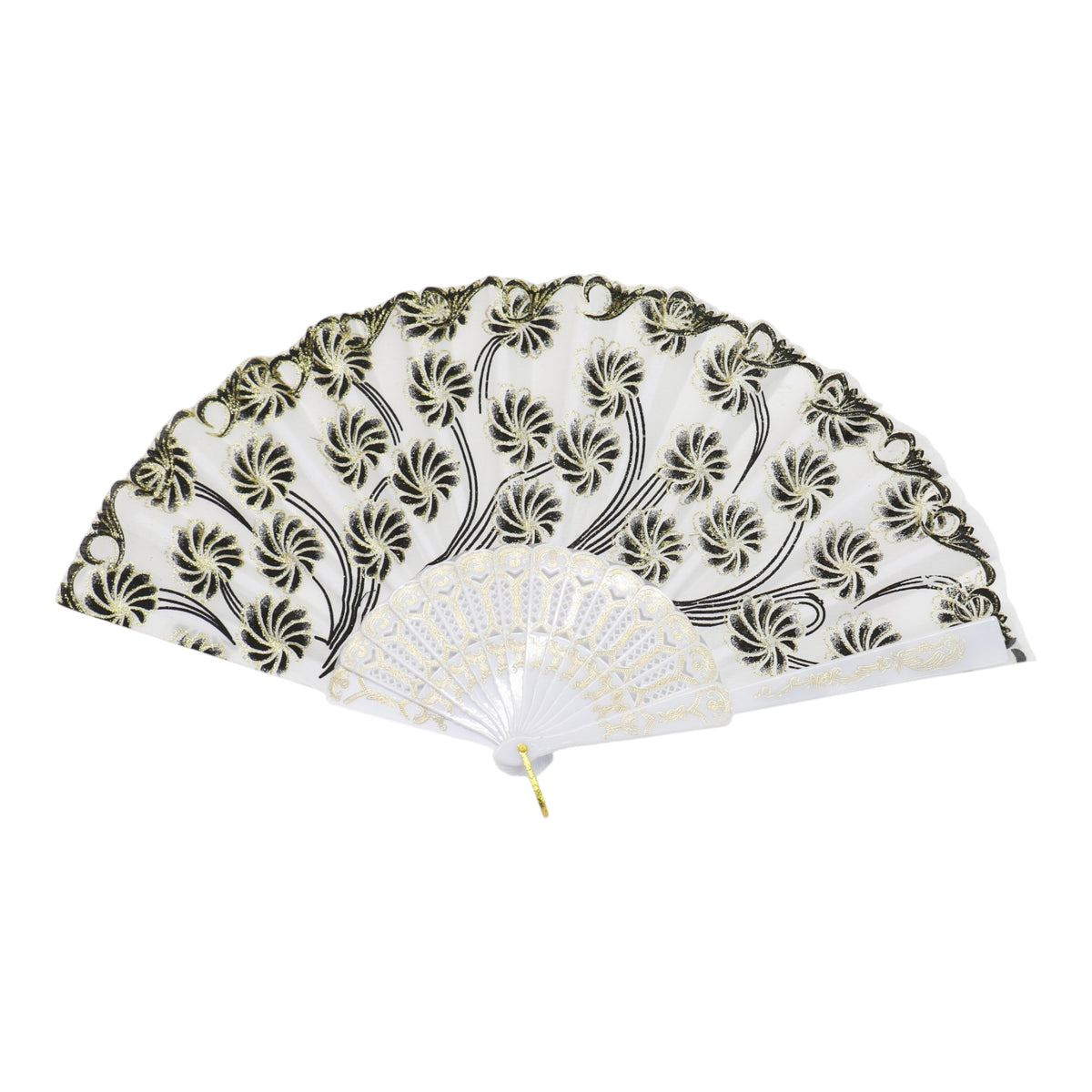 Black Floral Gold Glitter White Frame Hand Held Folding Fan JF6323-3. (12PC)