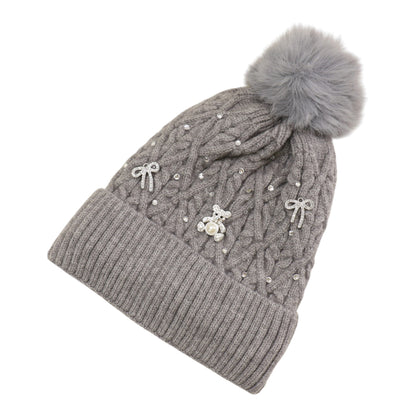 Pom Pom Knitted Beanie With Rhinestone H20-62 (12PC)