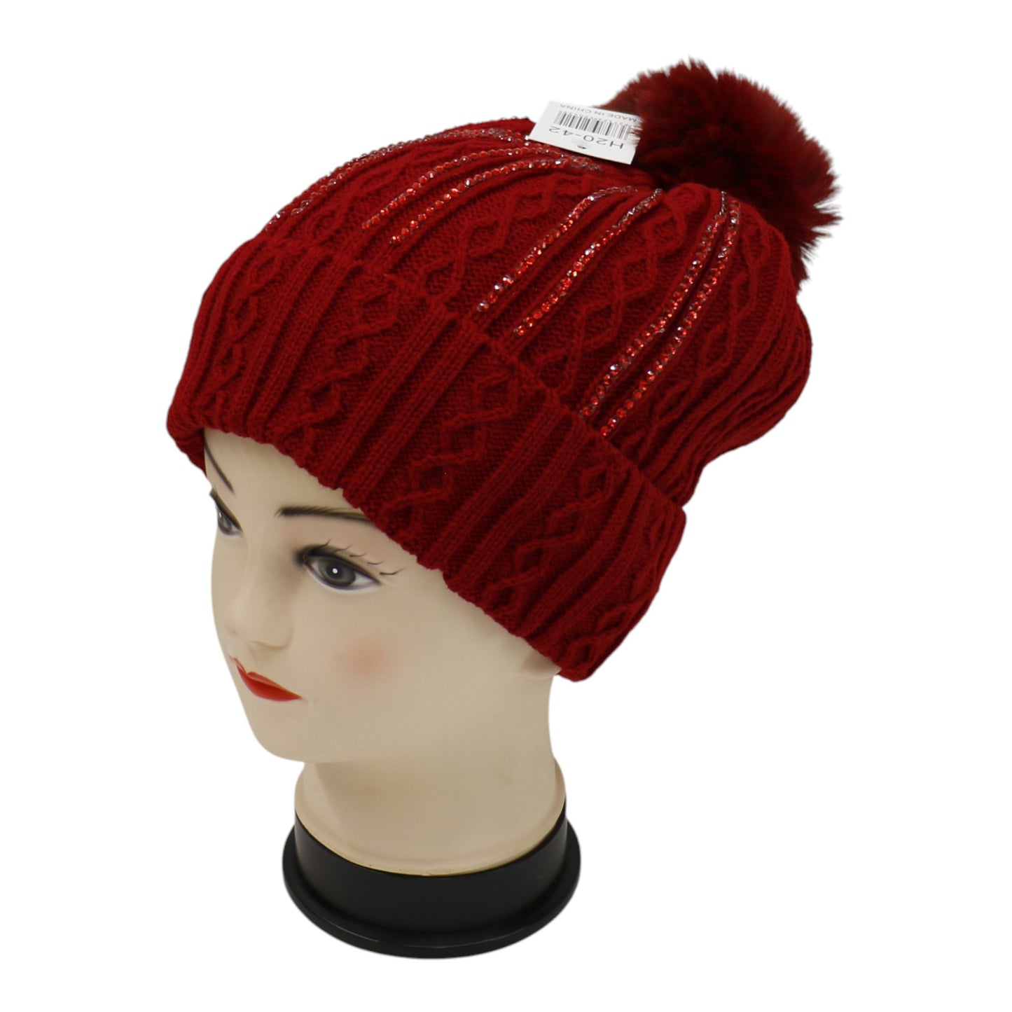 Pom Pom Rhinestone Decor Beanie H20-42. (12PC)