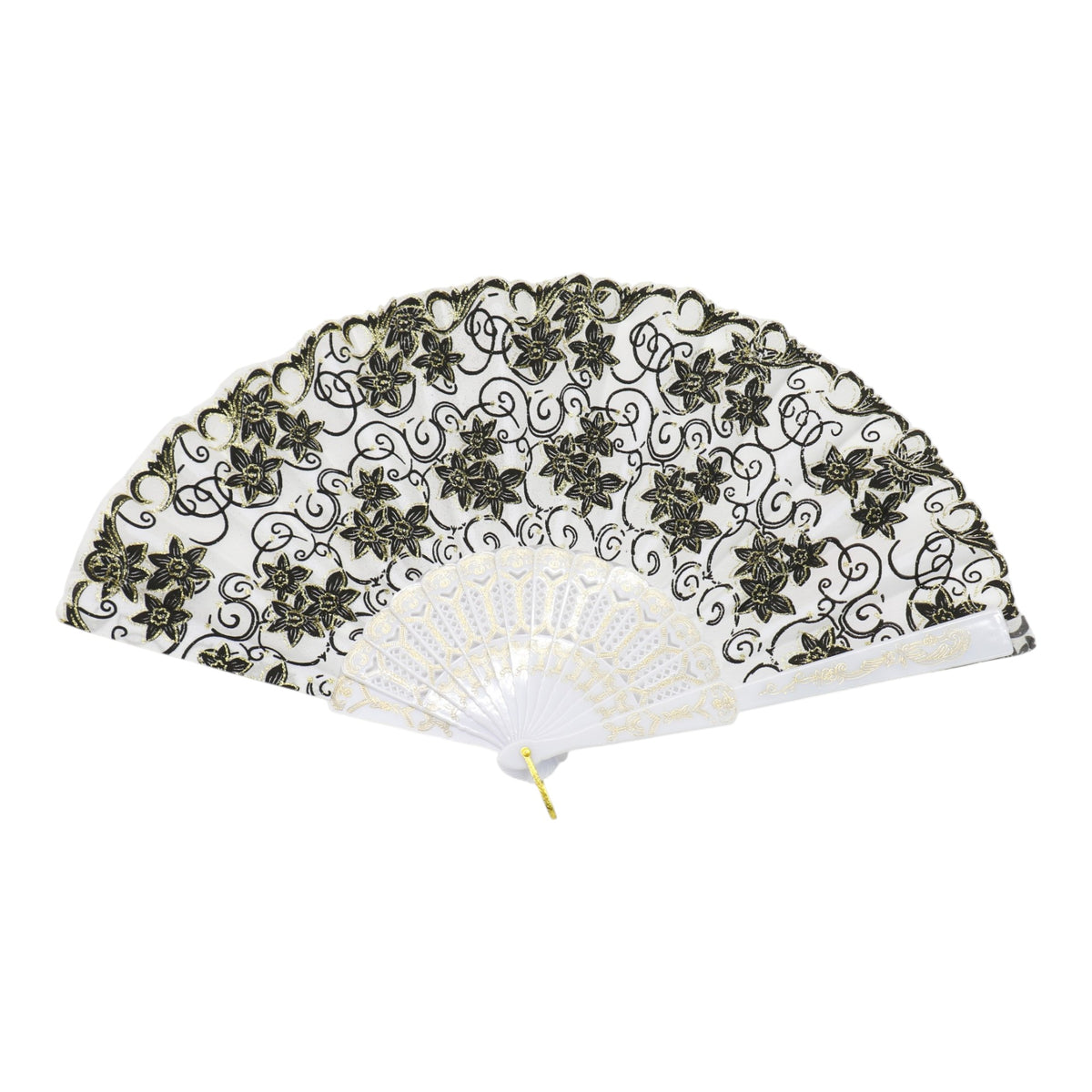 Black Floral Gold Glitter White Frame Hand Held Folding Fan JF6323-3. (12PC)