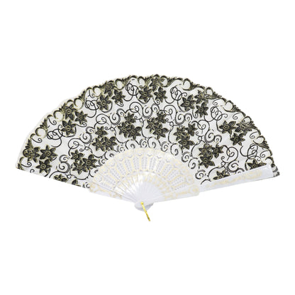 Black Floral Gold Glitter White Frame Hand Held Folding Fan JF6323-3. (12PC)