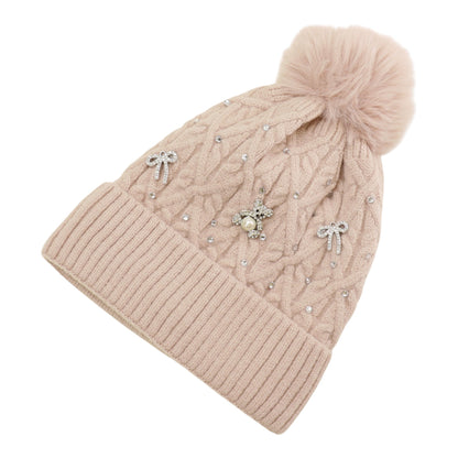 Pom Pom Knitted Beanie With Rhinestone H20-62 (12PC)