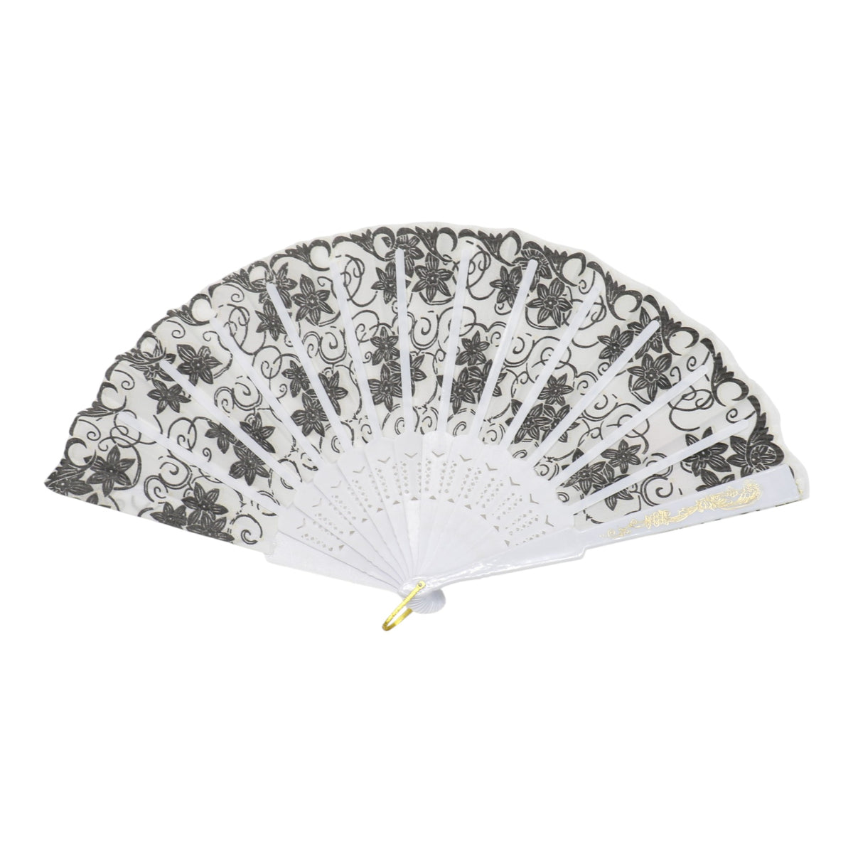 Black Floral Gold Glitter White Frame Hand Held Folding Fan JF6323-3. (12PC)