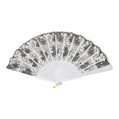 Black Floral Gold Glitter White Frame Hand Held Folding Fan JF6323-3. (12PC)