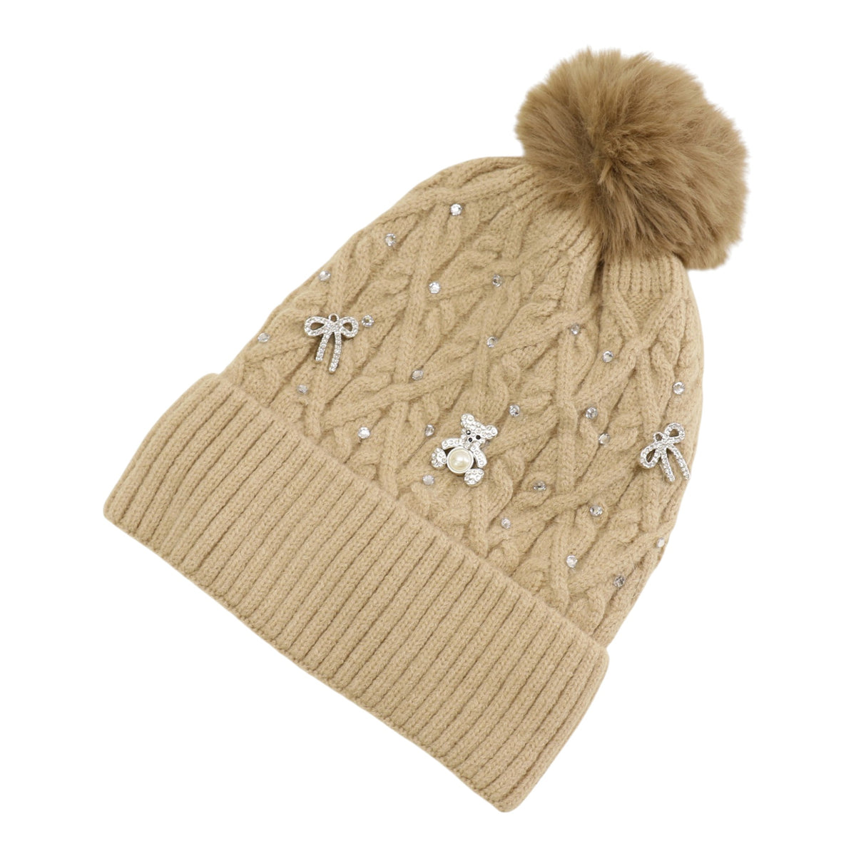 Pom Pom Knitted Beanie With Rhinestone H20-62 (12PC)